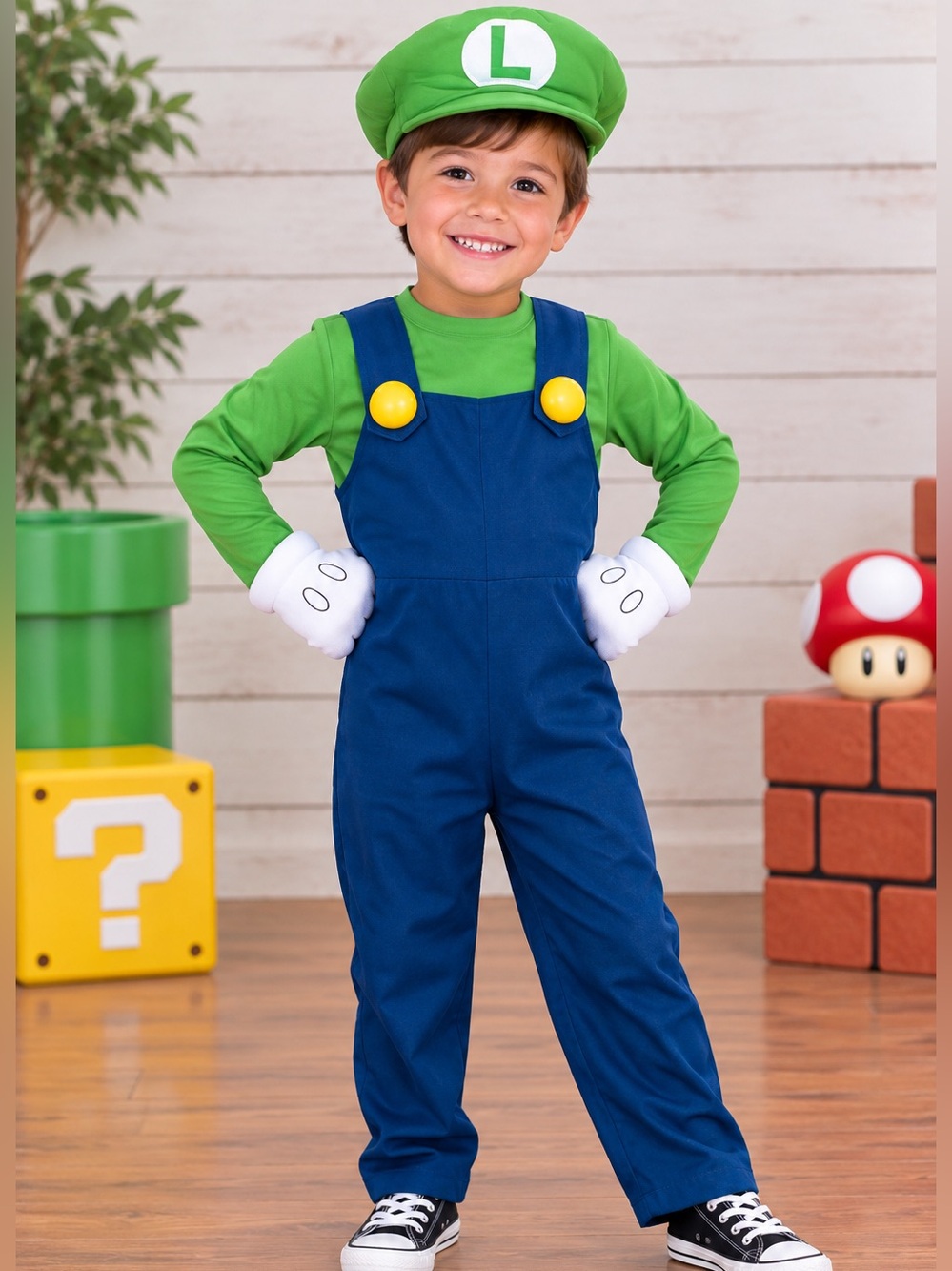 🍄 Super Mario Bros Luigi Kids Halloween Costume Small 4-6 Complete Set